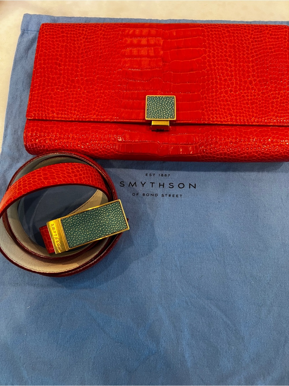 Smythson of Bond Street Hibiscus Orange Oversized Leather Wallet Clutch & Belt